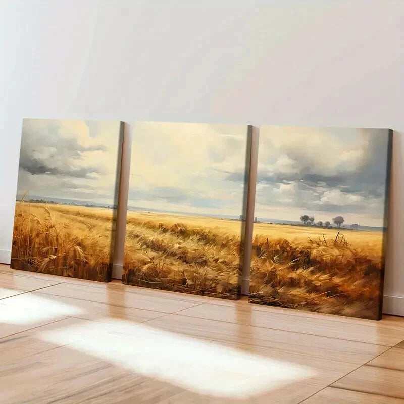 3pcs Wheat Fields & Autumn Sky Landscape Wall Art Set Canvas Framed 50x70cm - High Quality Print 100% Australian Made Wall Canvas Ready to Hang - Bella Home Decor