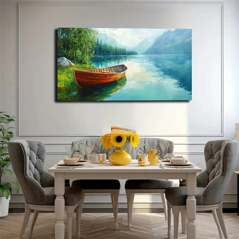 Lake Scene with Wooden Boat Wall Art Canvas Office Home Room Framed 120x60cm - Bella Home Decor
