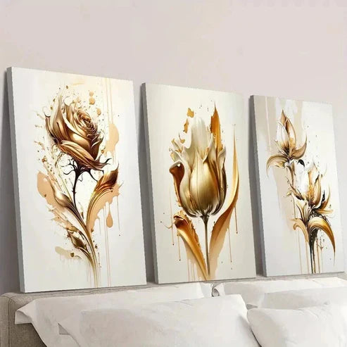 3pcs Golden Rose Abstract Concept Illustration Wall Art Canvas Unframed - High Quality Print 100% Australian Made Wall Canvas