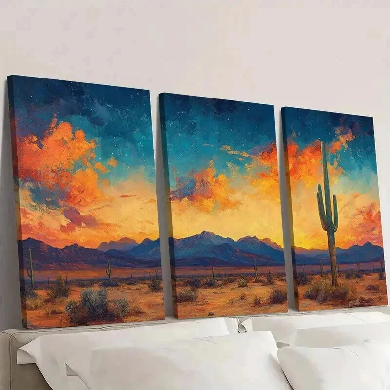 3pcs Painting of Saguaro Cactus Colorful Desert Wall Art Set Canvas Framed 60x90cm - High Quality Print 100% Australian Made Wall Canvas Ready to Hang - Bella Home Decor