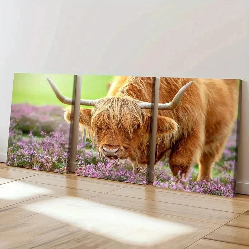 3pcs Highland Cattle & Purple Wild Flowers Wall Art Set Canvas Framed 50x70cm - High Quality Print 100% Australian Made Wall Canvas Ready to Hang - Bella Home Decor