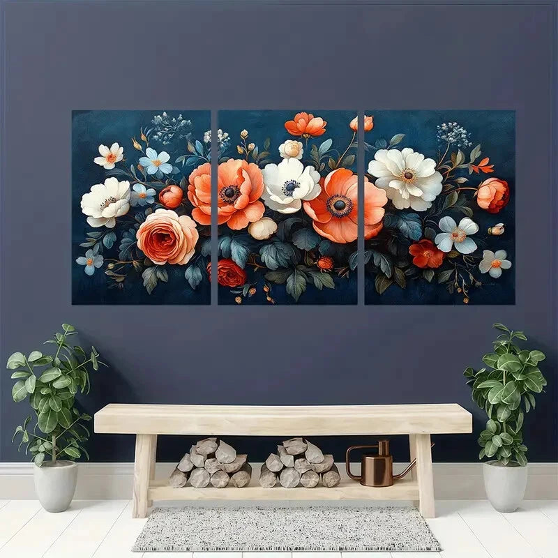 3pcs Abstract Blue & Orange Floral Design Metal Print Ready to Hang Art - Bella Home Decor