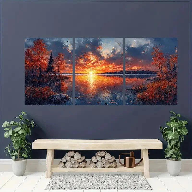 3pcs Serene Sunset Lake Scene with Autumn Trees Wall Art Set Canvas Framed 60x90cm - High Quality Print 100% Australian Made Wall Canvas Ready to Hang - Bella Home Decor