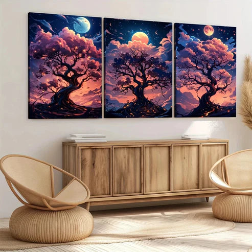 3pcs Cartoon Tree Glowing Branches Pink Clouds Wall Art Set Canvas Unframed - High Quality Print 100% Australian Made Wall Canvas - Bella Home Decor