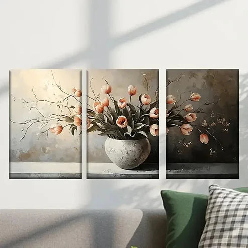 3pcs Vase with Rose Flowers Painting Wall Art Canvas Unframed - High Quality Print 100% Australian Made Wall Canvas