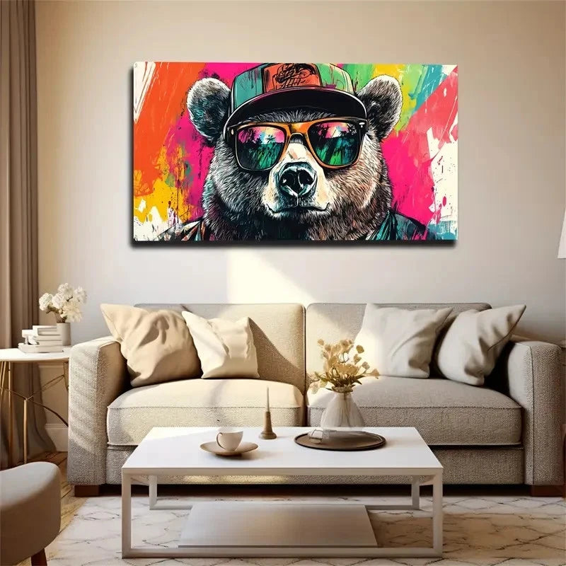 Trendy Bear In Hat & Fashion Wall Art Canvas Office Home Room Framed 120x60cm - Bella Home Decor