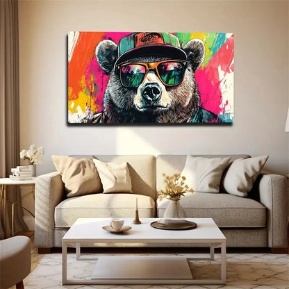 Trendy Bear In Hat & Fashion Wall Art Canvas Office Home Room Framed 120x60cm - Bella Home Decor