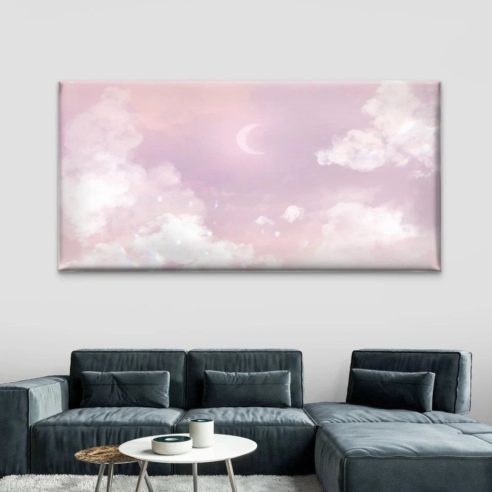 Pink Sky With Crescent Moon Wall Art Canvas Office Home Room Framed 120x60cm