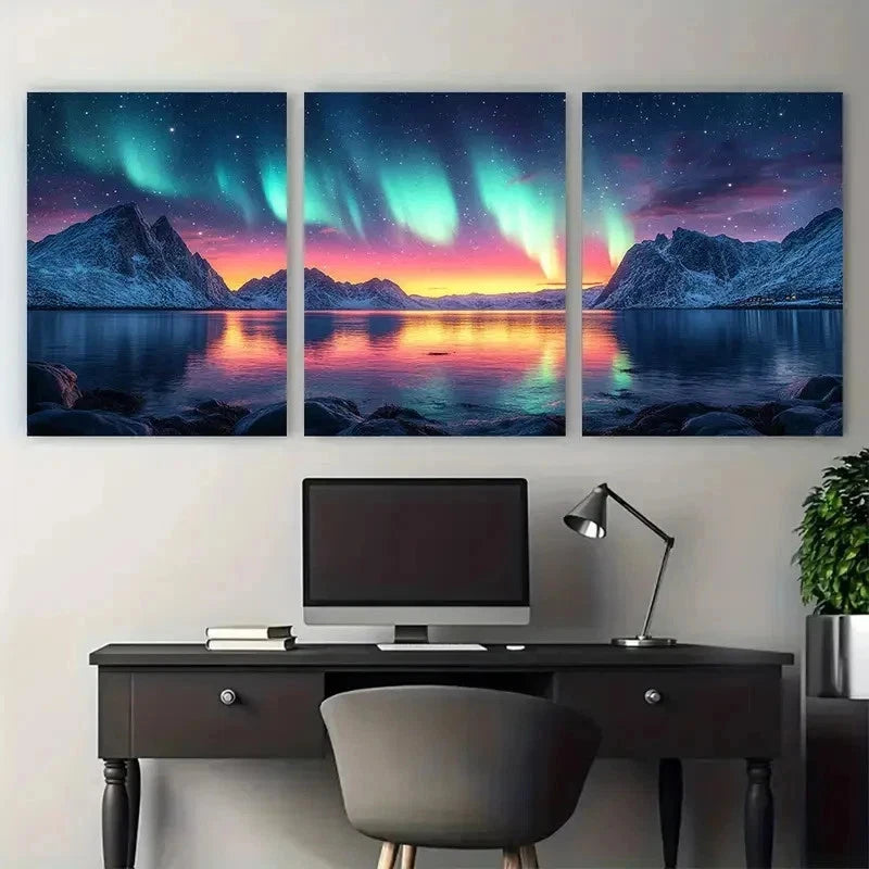 3pcs Vibrant Aurora Borealis Nature Perfect Wall Art Set Canvas Framed 50x70cm - High Quality Print 100% Australian Made Wall Canvas Ready to Hang