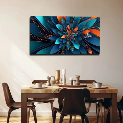 Dining room with a colorful abstract floral painting on the wall.