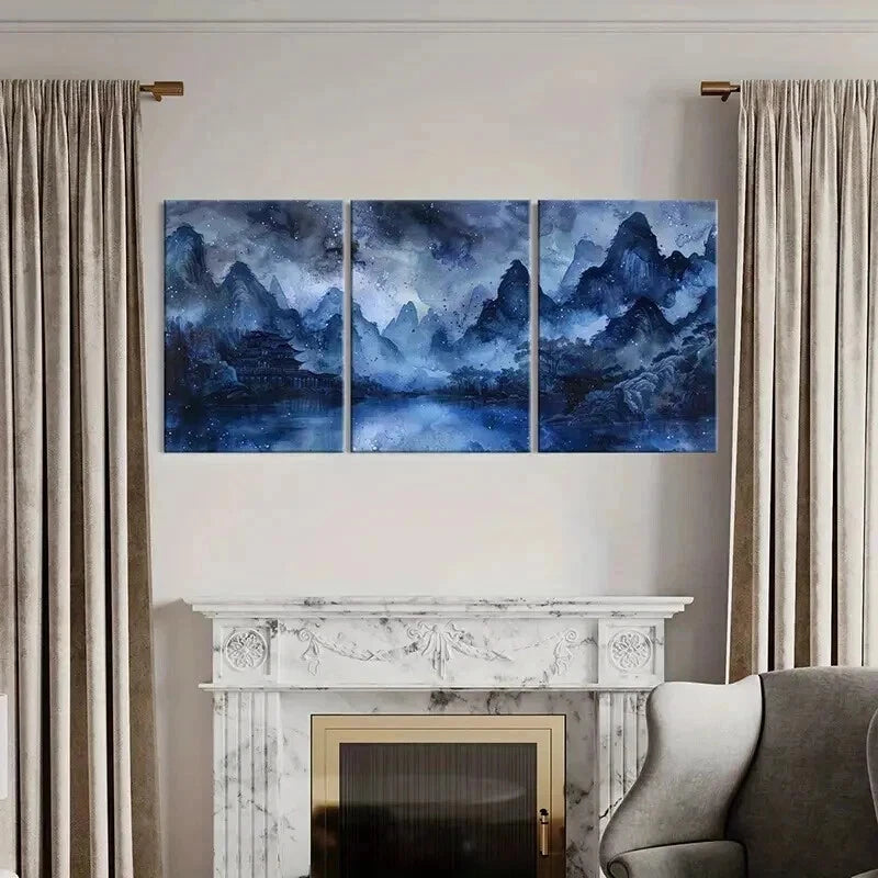 3pcs Bluish Chinese Traditional Landscape Wall Art Set Canvas Framed 50x70cm - High Quality Print 100% Australian Made Wall Canvas Ready to Hang - Bella Home Decor