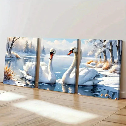 3pcs Two Swans In The Lake Vintage Wall Art Set Canvas Framed 60x90cm - High Quality Print 100% Australian Made Wall Canvas Ready to Hang