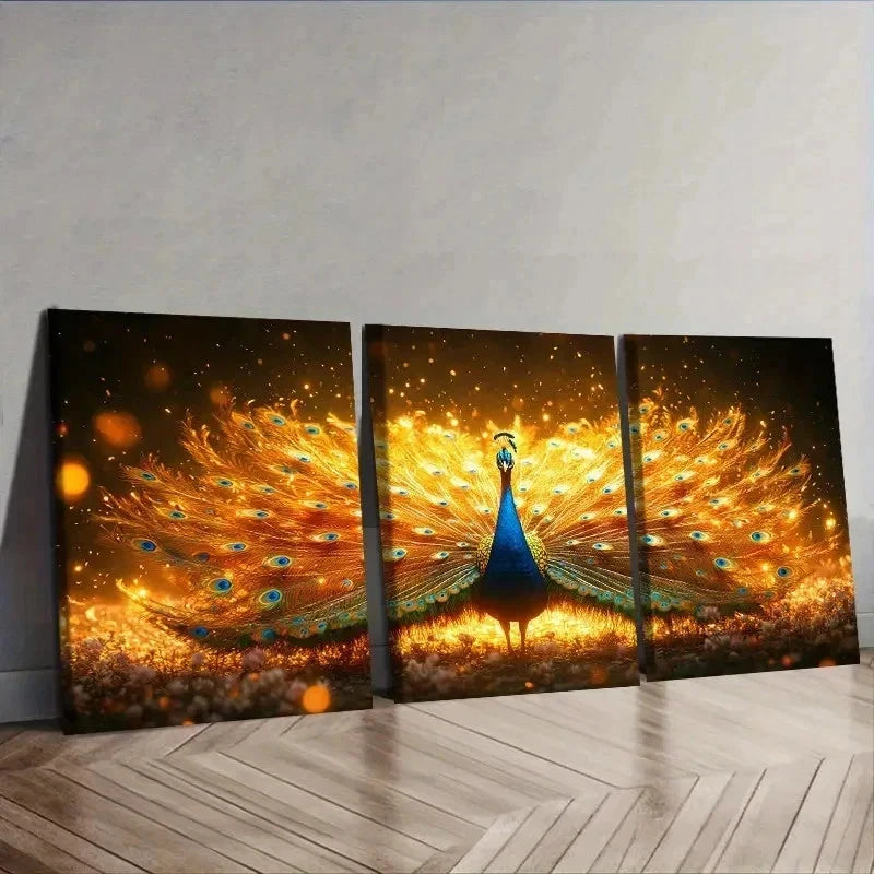 3pcs Golden Peacock Art Decoration Wall Art Set Canvas Framed 50x70cm - High Quality Print 100% Australian Made Wall Canvas Ready to Hang - Bella Home Decor