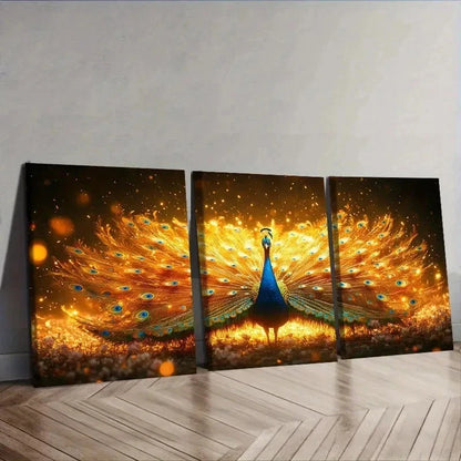 3pcs Golden Peacock Art Decoration Wall Art Set Canvas Framed 50x70cm - High Quality Print 100% Australian Made Wall Canvas Ready to Hang - Bella Home Decor