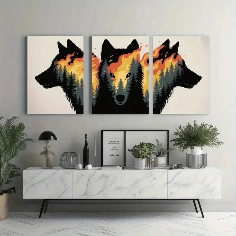 3pcs Wolf, Burning Forest Wall Art Set Canvas Framed 60x90cm - High Quality Print 100% Australian Made Wall Canvas Ready to Hang