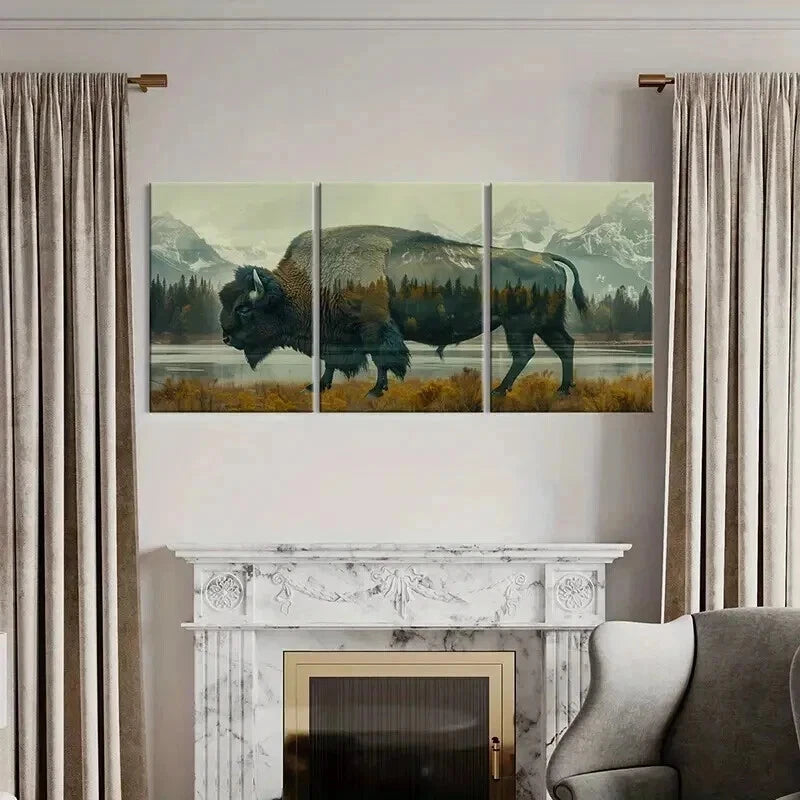 3pcs Buffalo Silhouette with Forest Landscape Wall Art Set Canvas Framed 60x90cm - High Quality Print 100% Australian Made Wall Canvas Ready to Hang - Bella Home Decor