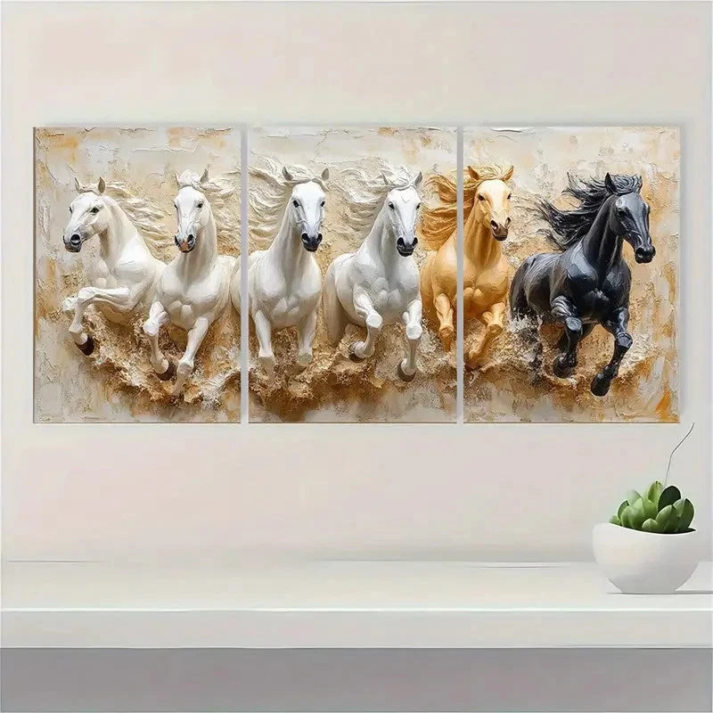 3pcs Seven Lucky Running Wild Horses U  Wall Art Set Canvas Framed 40x60cm - High Quality Print 100% Australian Made Wall Canvas Ready to Hang
