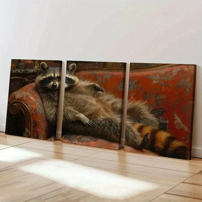 3pcs Raccoon Lying In Ornate Armchair Wall Art Set Canvas Framed 50x70cm - High Quality Print 100% Australian Made Wall Canvas Ready to Hang - Bella Home Decor