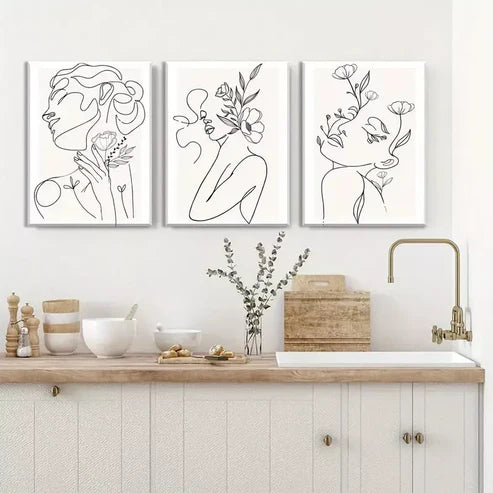 3pcs Minimalist Woman Flower Line Canvas Framed 60X90 cm - High Quality Print 100% Australian Made Wall Canvas Ready to Hang - Bella Home Decor