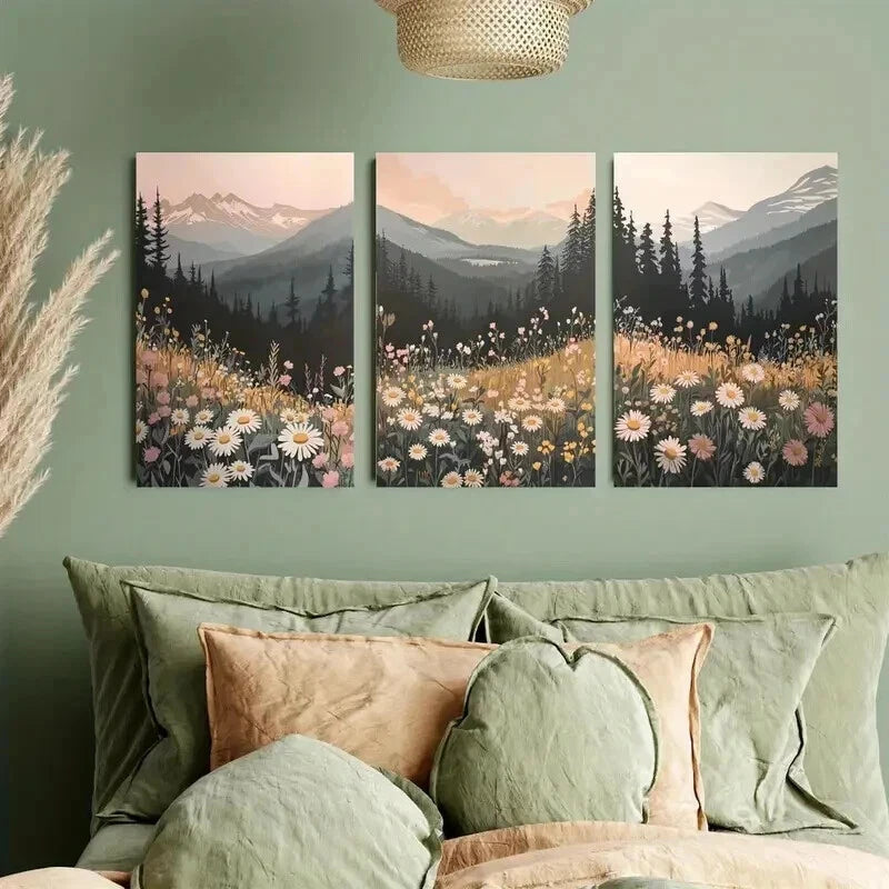 3pcs Wildflower Mountain Sunset Décor Perfect Wall Art Set Canvas Framed 50x70cm - High Quality Print 100% Australian Made Wall Canvas Ready to Hang - Bella Home Decor