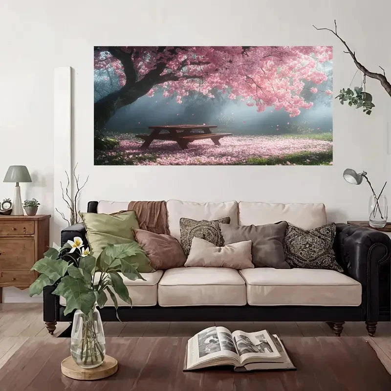 Blossom Picnic Table Scene Wall Art Canvas Office Home Room Framed 120x60cm