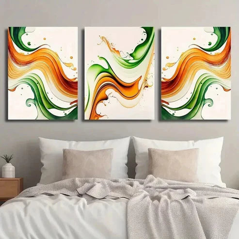 3pcs Burnt Orange & Emerald Green Wavy Wall Art Set Canvas Unframed - High Quality Print 100% Australian Made Wall Canvas - Bella Home Decor