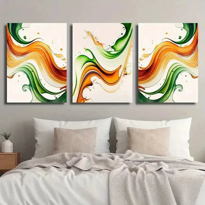 3pcs Burnt Orange & Emerald Green Wavy Wall Art Set Canvas Unframed - High Quality Print 100% Australian Made Wall Canvas - Bella Home Decor