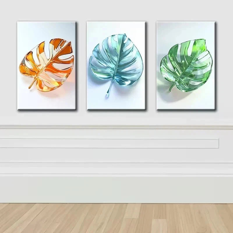 3pcs Stained Glass Leaves Design Metal Print Ready to Hang Art