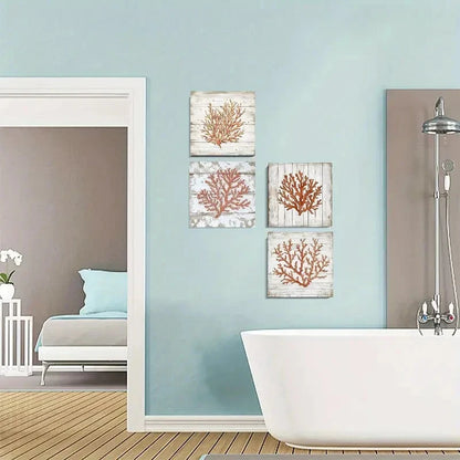 4pcs Orange Coral Beach Poster Wall Art Canvas Framed