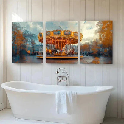 3pcs Vintage Carousel in Autumn Park Perfect Wall Art Set Canvas Unframed - High Quality Print 100% Australian Made Wall Canvas