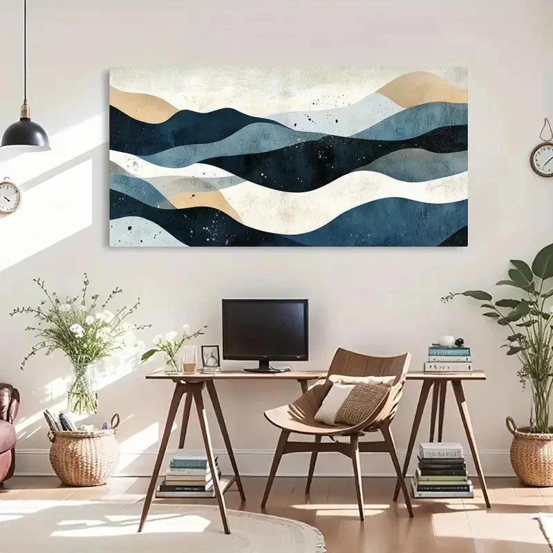 Modern Minimalist Blue Beige Wall Art Canvas Office Home Room Framed 120x60cm