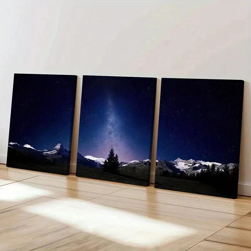 3pcs Snowy Mountain Landscape with Milky Way Wall Art Set Canvas Framed 60x90cm - High Quality Print 100% Australian Made Wall Canvas Ready to Hang - Bella Home Decor