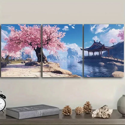 3pcs Cherry Blossom River Colorful Nature Wall Art Set Canvas Unframed - High Quality Print 100% Australian Made Wall Canvas - Bella Home Decor