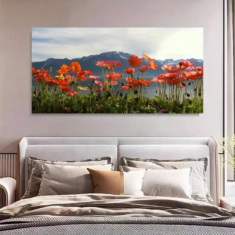Mountain Lakes & Blooming Red Wall Art Canvas Office Home Room Framed 120x60cm - Bella Home Decor