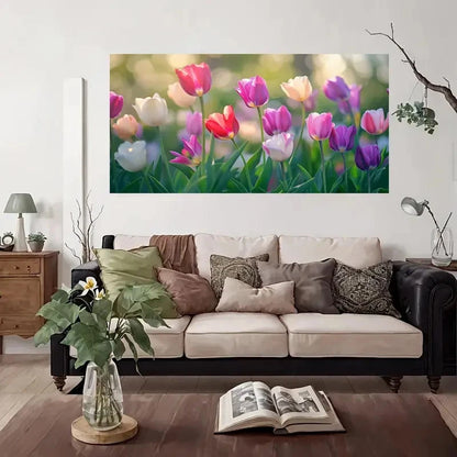 Tulip Garden Vintage Floral Wall Art Canvas Office Home Room Framed 120x60cm