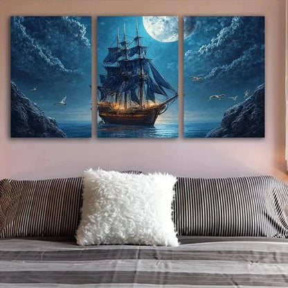 3pcs Sailing Ship At Night Wall Art Set Canvas Framed 40x60cm - High Quality Print 100% Australian Made Wall Canvas Ready to Hang