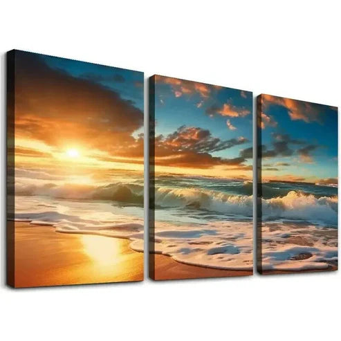 3pcs Ocean Waves & Sandy Shoreline at Sunset Wall Art Canvas Unframed - High Quality Print 100% Australian Made Wall Canvas