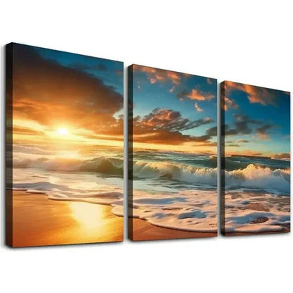 3pcs Ocean Waves & Sandy Shoreline at Sunset Wall Art Canvas Unframed - High Quality Print 100% Australian Made Wall Canvas