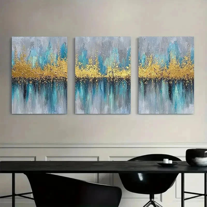 3pcs Golden Glow Blue & Turquoise Abstract Metal Print Ready to Hang Art - Bella Home Decor