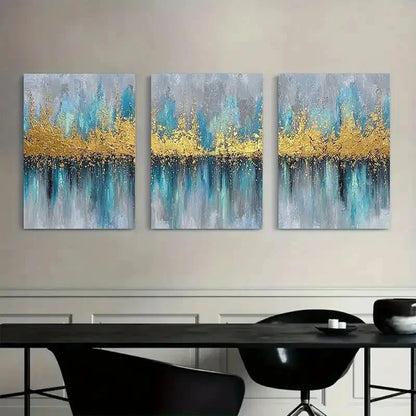 3pcs Golden Glow Blue & Turquoise Abstract Metal Print Ready to Hang Art - Bella Home Decor
