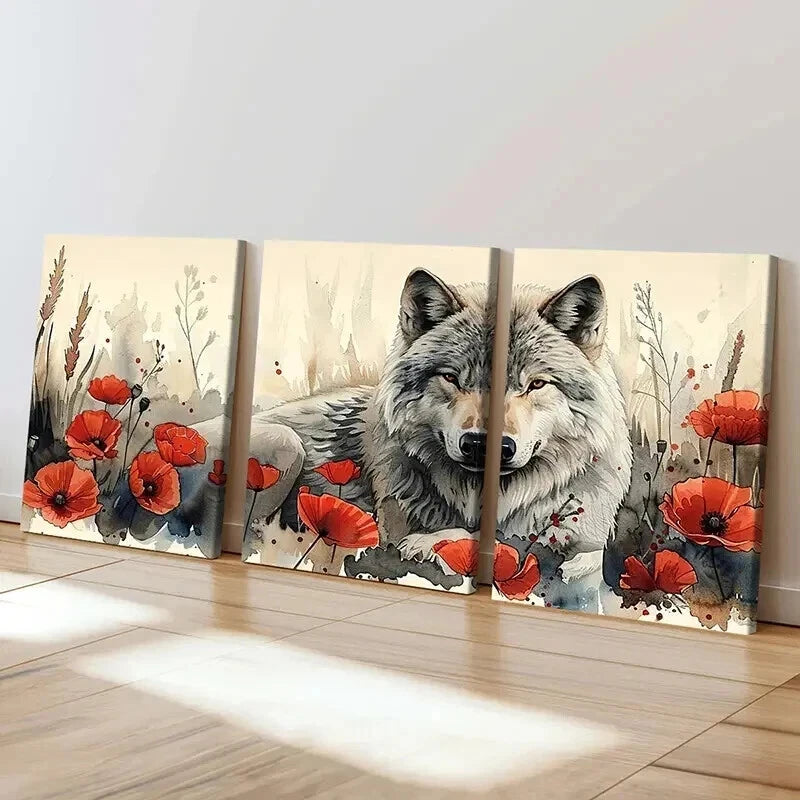 3pcs Watercolor Style The Wolf Among Flowers Wall Art Set Canvas Framed 40x60cm - High Quality Print 100% Australian Made Wall Canvas Ready to Hang - Bella Home Decor