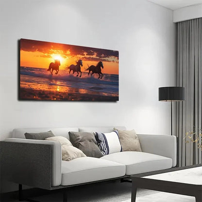 Three Galloping Horses Wall Art canvas office home room framed 120x60cm - Bella Home Decor