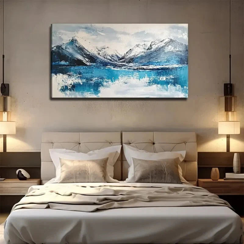 Snowy Mountain & Lake Scene Wall Art Canvas Office Home Room Framed 120x60cm