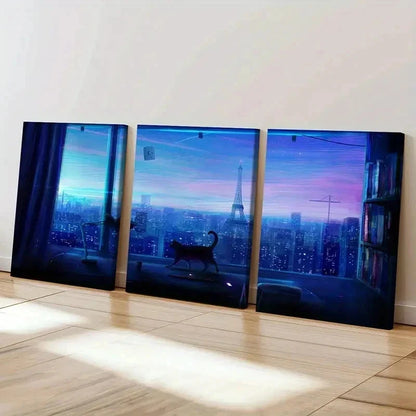 3pcs City Night Scene Tower & Cat Near Window Wall Art Set Canvas Framed 50x70cm - High Quality Print 100% Australian Made Wall Canvas Ready to Hang - Bella Home Decor