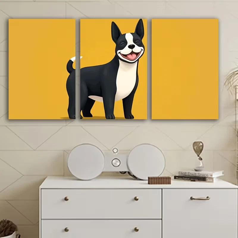 3pcs Cheerful Black and White Boston Terrier Wall Art Set Canvas Framed 40x60cm – High Quality Print 100% Australian Made Wall Canvas Ready to Hang - Bella Home Decor