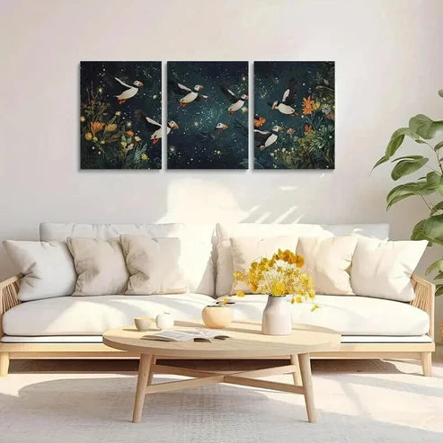 3pcs Puffins Soaring Through Night Sky Art Set Canvas Unframed - High Quality Print 100% Australian Made Wall Canvas
