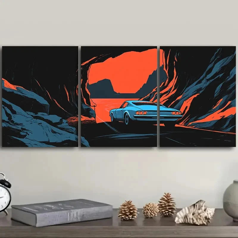 3pcs A Blue Car Drives Through a Canyon Wall Art Set Canvas Framed 50x70cm - High Quality Print 100% Australian Made Wall Canvas Ready to Hang - Bella Home Decor