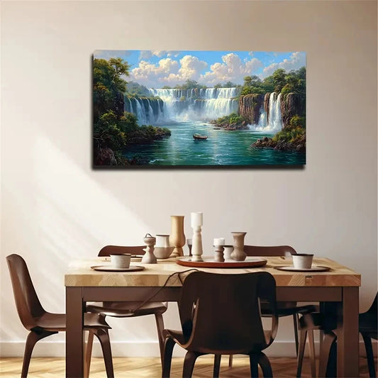 Serene Waterfall River Boat Wall Art Canvas Office Home Room Framed 120x60cm