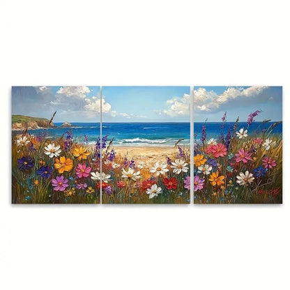 3pcs Cornwall Beach Painting Wildflowers GY  Wall Art Set Canvas Framed 50x70cm - High Quality Print 100% Australian Made Wall Canvas Ready to Hang - Bella Home Decor