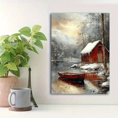 Beautiful Panoramic Tranquil Winter Lake Painting 60x90cm Metal Print Ready to Hang